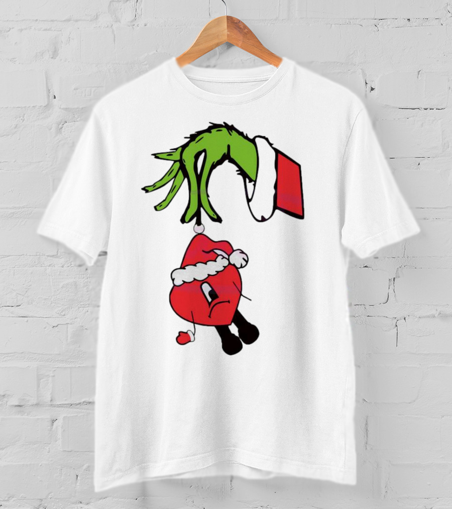 Grinch Hand Holding Santa Hat Bad Bunny Xmas T-Shirt