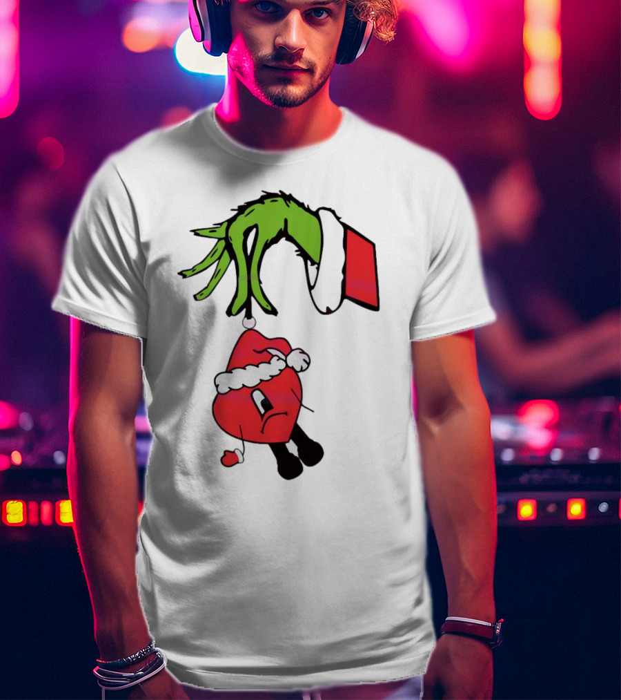Grinch Hand Holding Santa Hat Bad Bunny Xmas T-Shirt