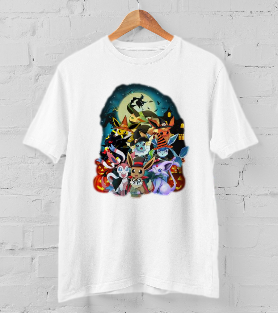Halloween Eevee All Evolutions With Pumpkins And Witch Hat Moon Scene T-Shirt