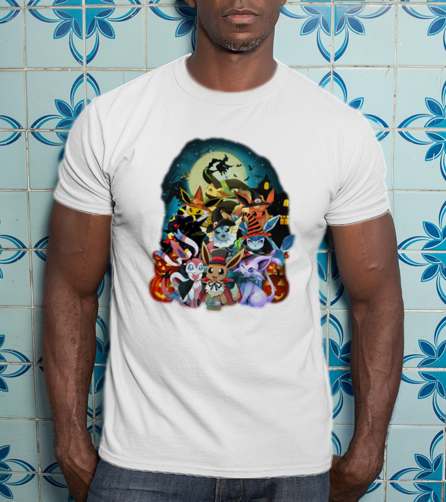 Halloween Eevee All Evolutions With Pumpkins And Witch Hat Moon Scene T-Shirt