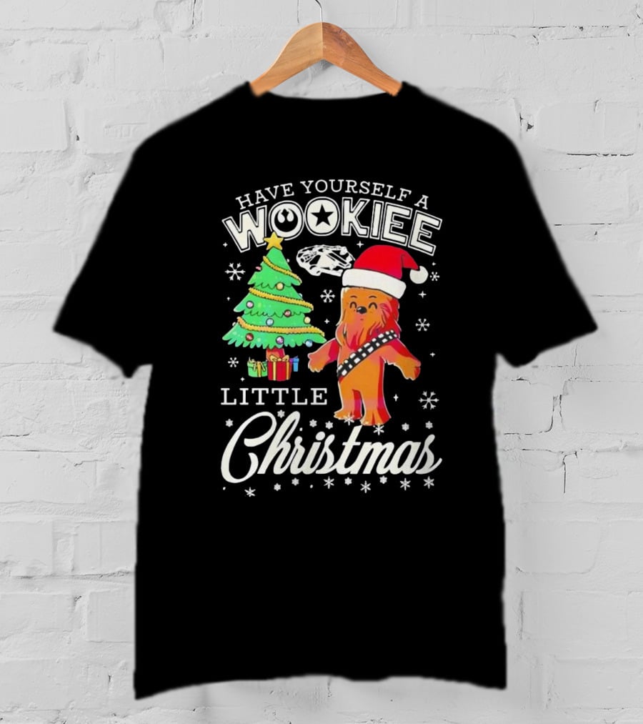 Have Yourself A Wookiee Little Christmas Tree Chewbacca Santa Hat Millennium Falcon Snowflakes T-Shirt