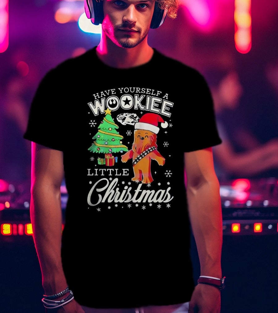 Have Yourself A Wookiee Little Christmas Tree Chewbacca Santa Hat Millennium Falcon Snowflakes T-Shirt