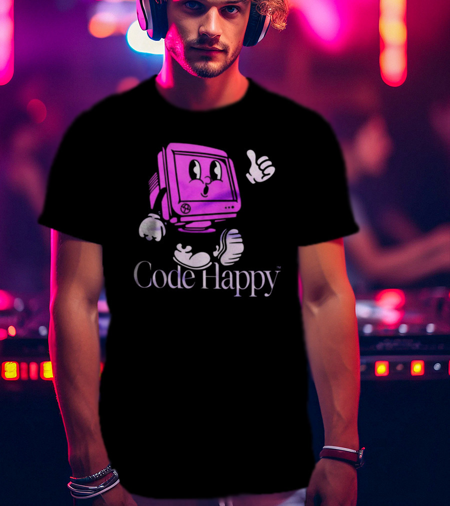 Jason Warner Poolside Code Happy Retro Computer Character T-Shirt