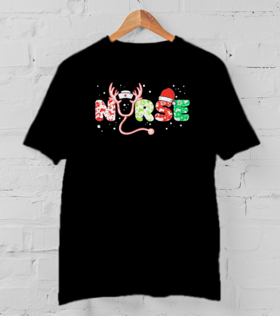 Nurse Christmas Stethoscope Reindeer Hat Festive Xmas Scrub Top T-Shirt