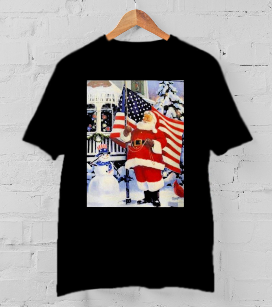 Santa Claus And Snowman With American Flag In Winter Scene T-Shirt