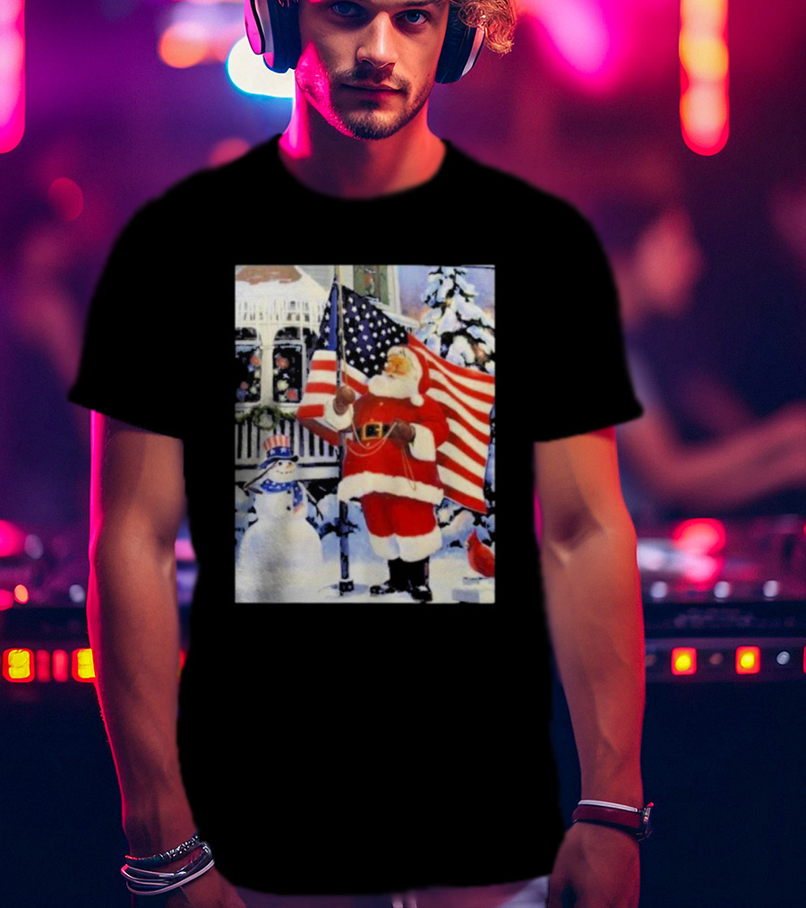 Santa Claus And Snowman With American Flag In Winter Scene T-Shirt