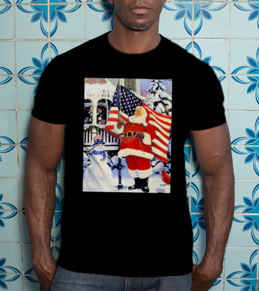 Santa Claus And Snowman With American Flag In Winter Scene T-Shirt