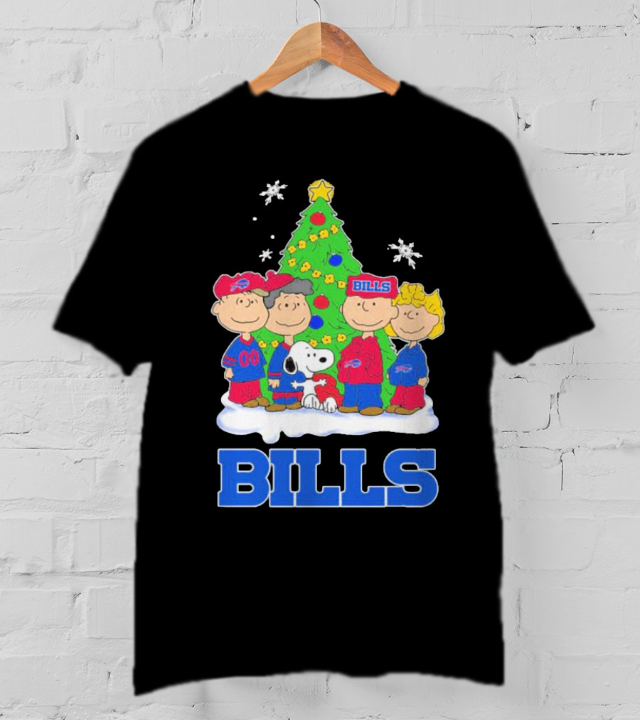 Peanuts Characters With Buffalo Bills Christmas Tree And Snowflakes T-Shirt
