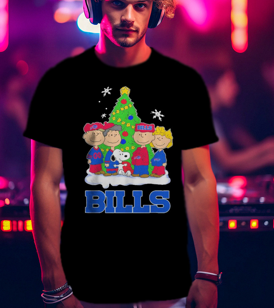 Peanuts Characters With Buffalo Bills Christmas Tree And Snowflakes T-Shirt