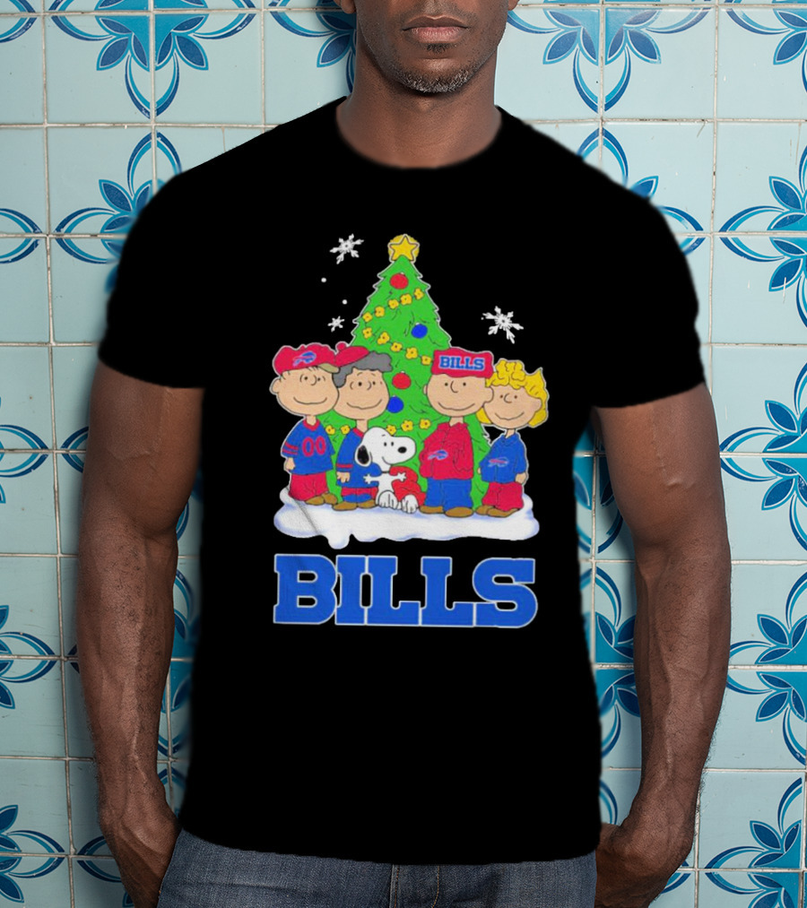 Peanuts Characters With Buffalo Bills Christmas Tree And Snowflakes T-Shirt