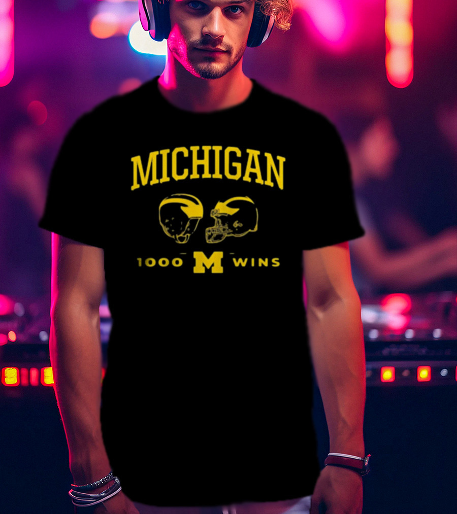 Michigan Wolverines Football 1000 Wins Celebration Dual Helmet T-Shirt