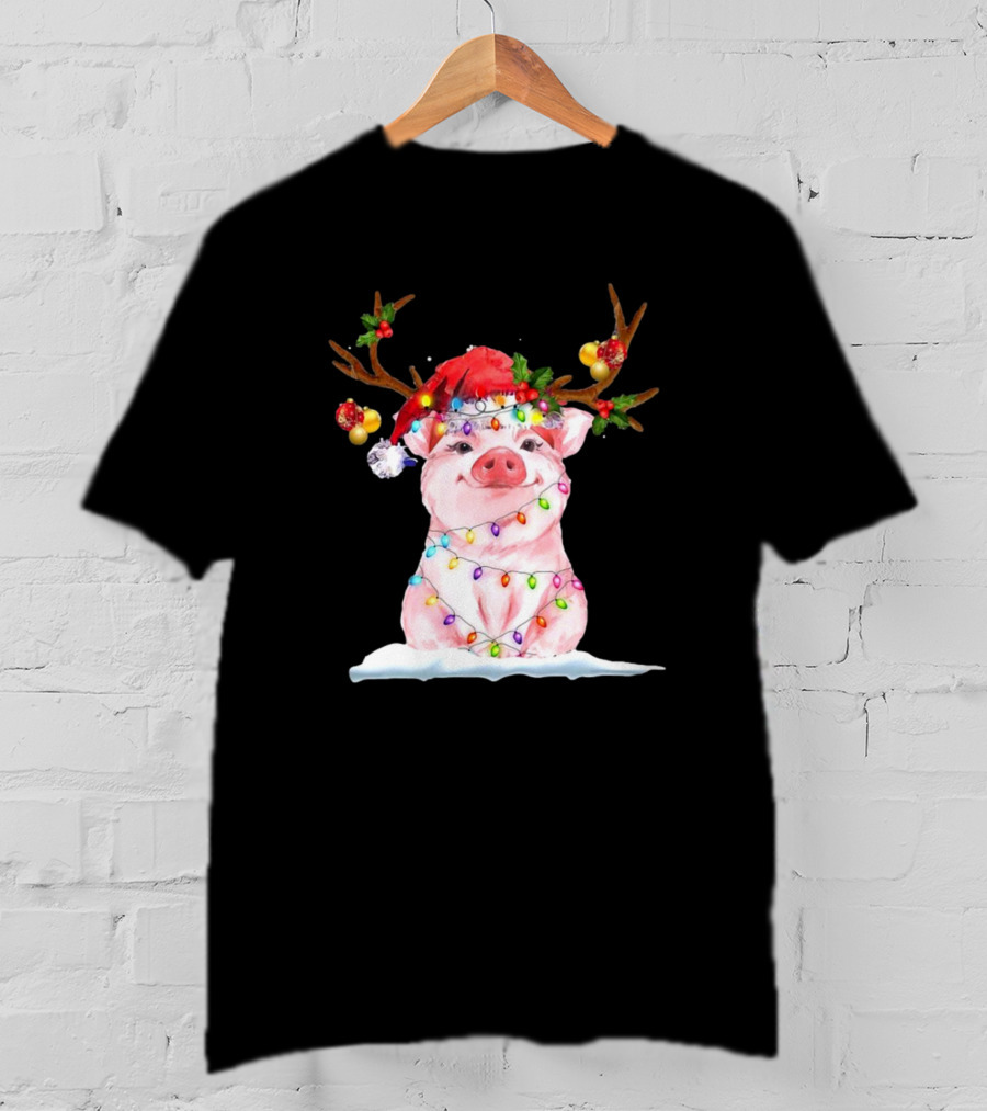 Pig Reindeer Antlers Santa Hat Christmas Lights T-Shirt