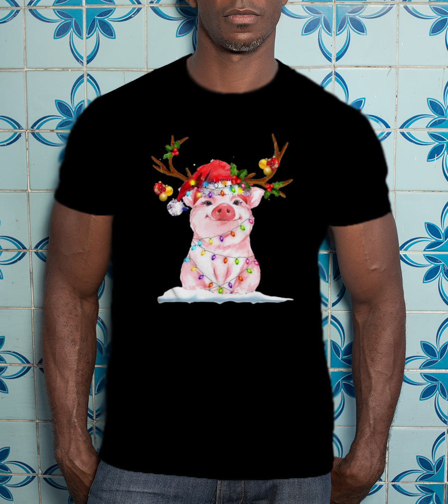 Pig Reindeer Antlers Santa Hat Christmas Lights T-Shirt