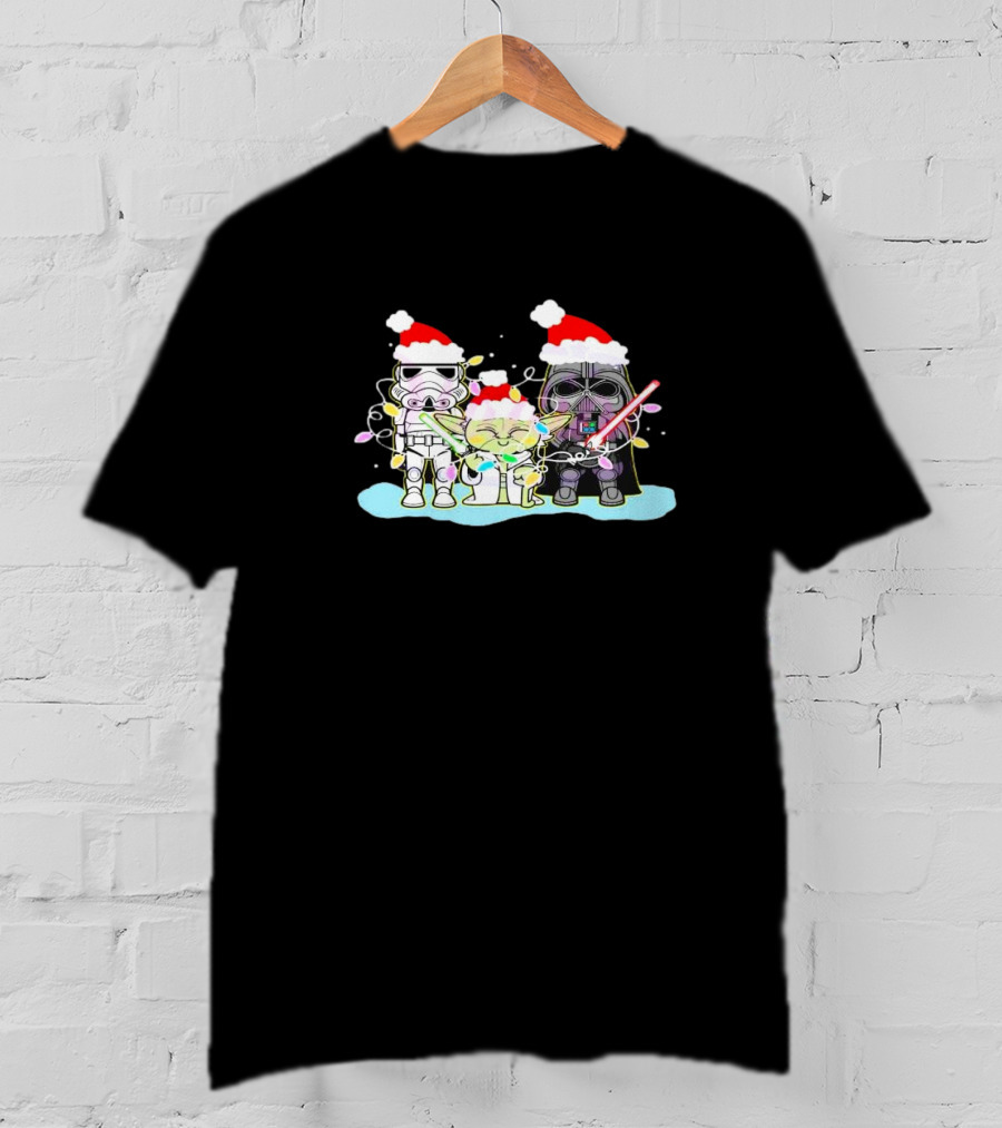Star Wars Characters Santa Hat Christmas Lights Funny Vibes T-Shirt