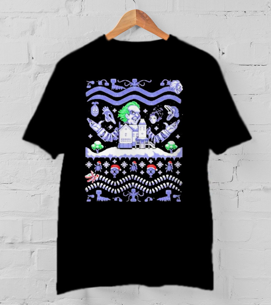 Christmas Beetlejuice Snowy House Scene And Ghostly Icons T-Shirt