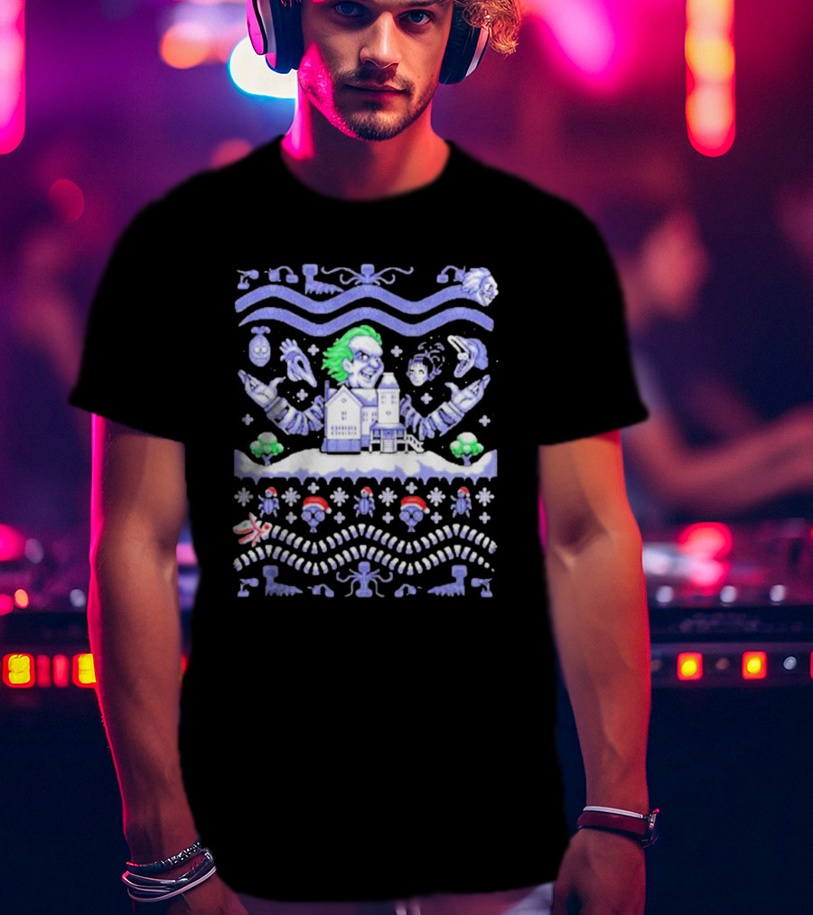 Christmas Beetlejuice Snowy House Scene And Ghostly Icons T-Shirt