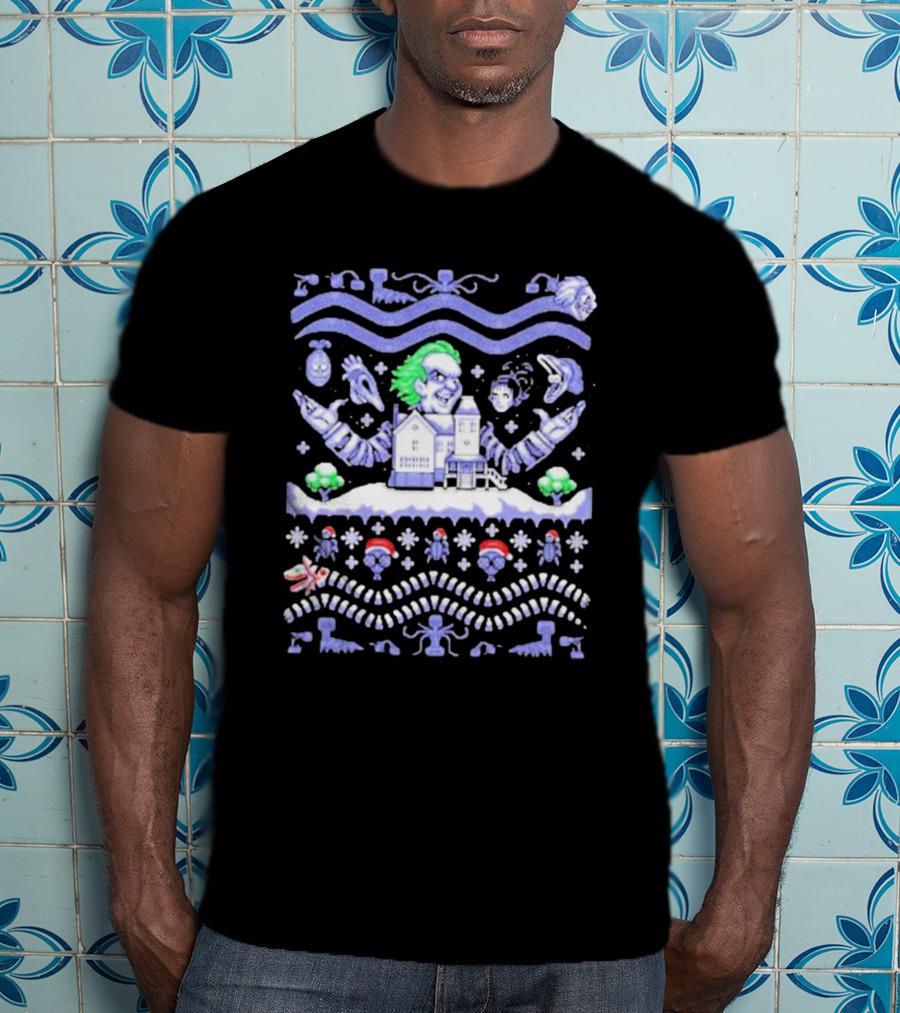Christmas Beetlejuice Snowy House Scene And Ghostly Icons T-Shirt
