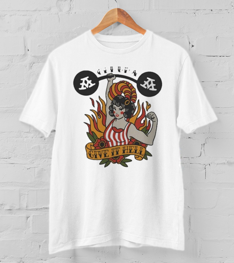 Get Up Give It Hell Retro Strongwoman Flames Barber Pole Haircurl Stripes Roses Boxing Gym Vintage T-Shirt