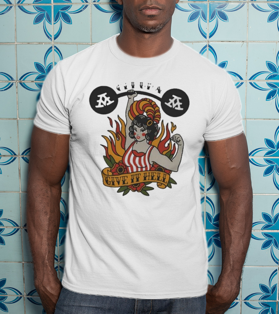 Get Up Give It Hell Retro Strongwoman Flames Barber Pole Haircurl Stripes Roses Boxing Gym Vintage T-Shirt