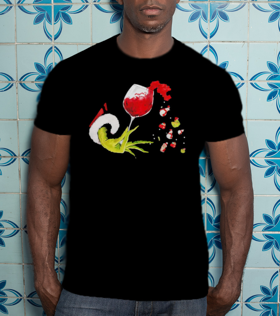 Grinch Hand Christmas Wine Glass Festive Holiday T-Shirt