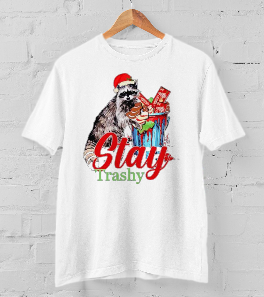 Stay Trashy Christmas Raccoon Xmas Lover With Santa Hat T-Shirt