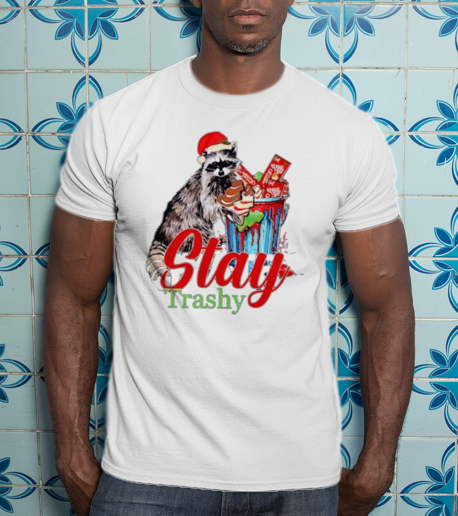 Stay Trashy Christmas Raccoon Xmas Lover With Santa Hat T-Shirt