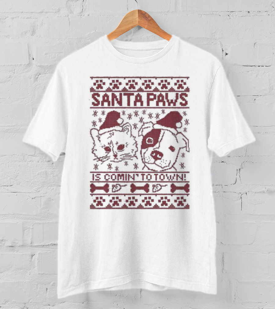 Santa Paws Cat And Dog Christmas Sweater Is Comin' To Town T-Shirt