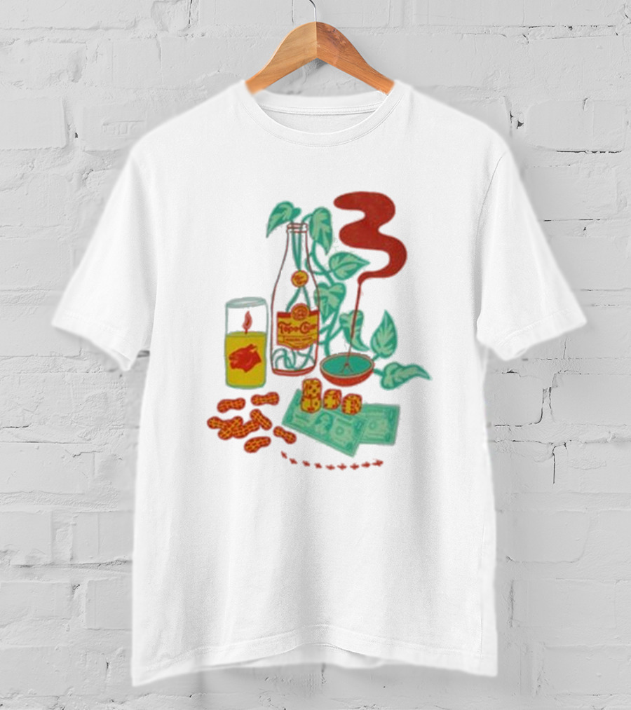 Quarenscene Natural Topo Chico Bottle With Dice, Peanuts, Dollar Bills, Glass, And Smoking Pipe Scene T-Shirt