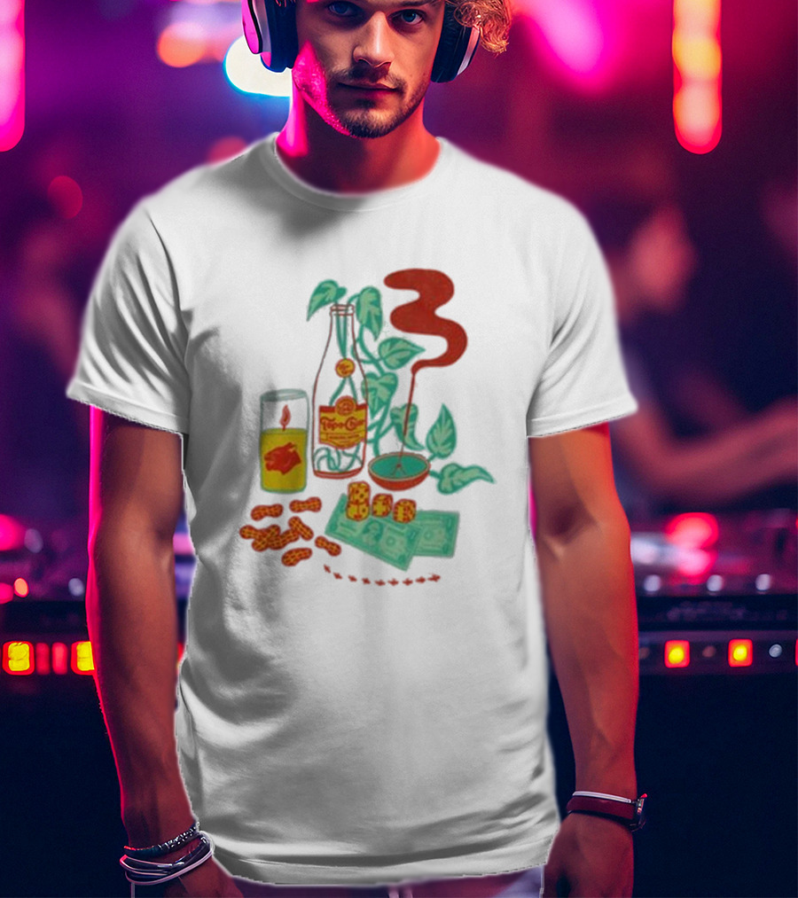 Quarenscene Natural Topo Chico Bottle With Dice, Peanuts, Dollar Bills, Glass, And Smoking Pipe Scene T-Shirt