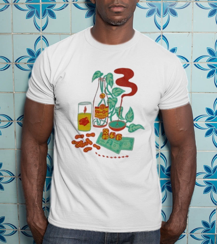 Quarenscene Natural Topo Chico Bottle With Dice, Peanuts, Dollar Bills, Glass, And Smoking Pipe Scene T-Shirt