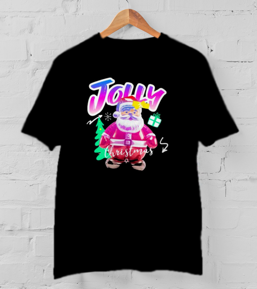 Jolly Merry Christmas Santa Balloon With Gift And Christmas Tree T-Shirt