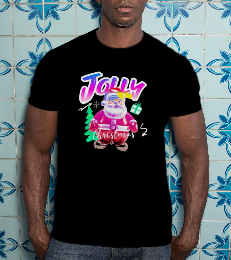 Jolly Merry Christmas Santa Balloon With Gift And Christmas Tree T-Shirt