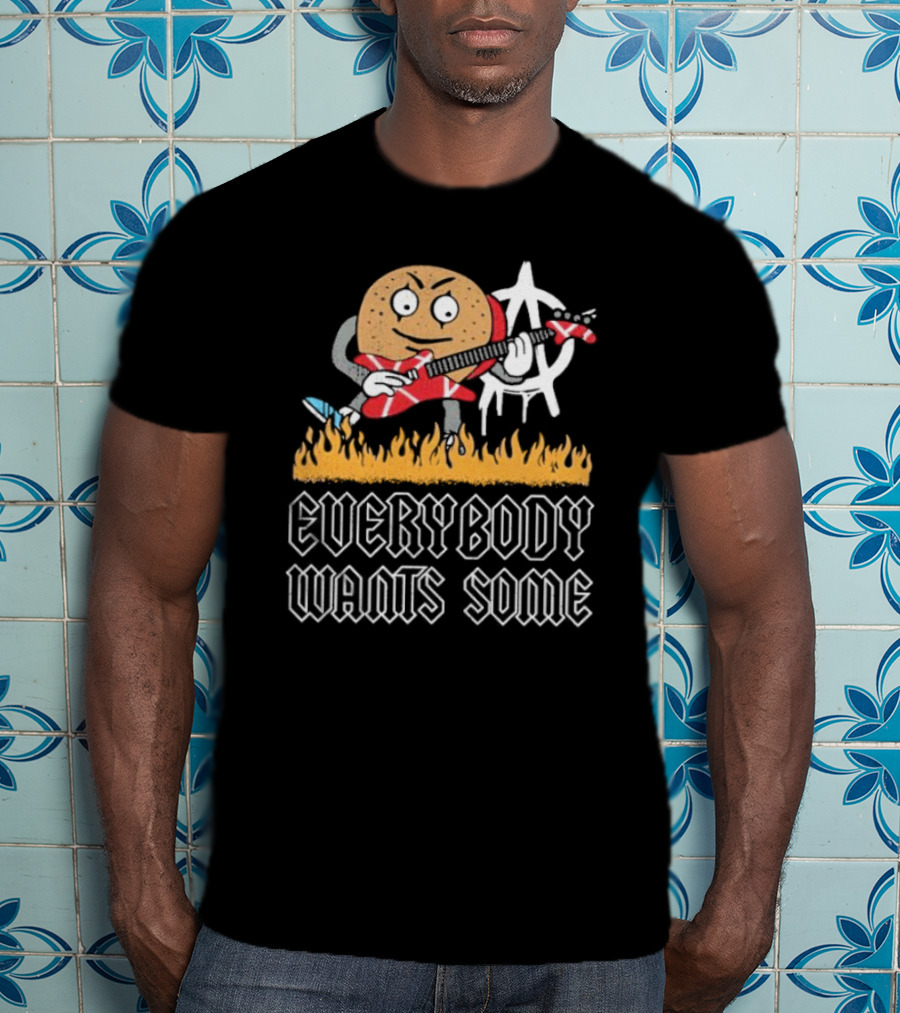 Everybody Wants Some Burger Playing Guitar With Anarchy Symbol And Flames T-Shirt