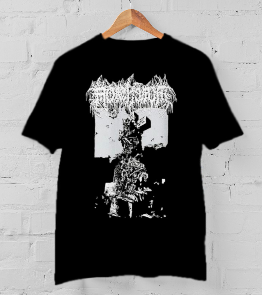 Mortiferum Burial Stone Cross Death Metal Band Logo With Gothic Cemetery T-Shirt