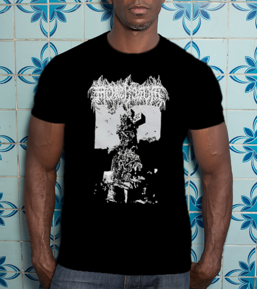 Mortiferum Burial Stone Cross Death Metal Band Logo With Gothic Cemetery T-Shirt