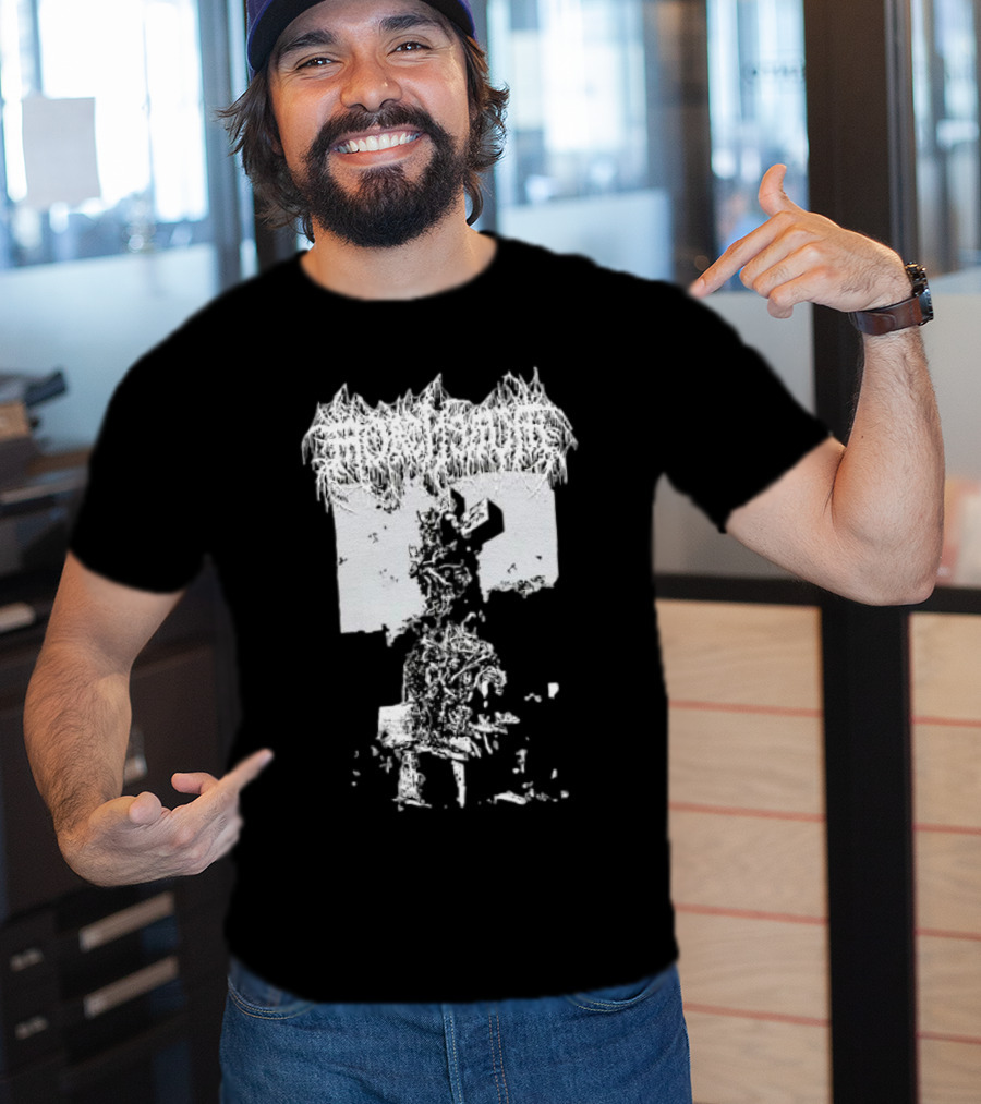 Mortiferum Burial Stone Cross Death Metal Band Logo With Gothic Cemetery T-Shirt
