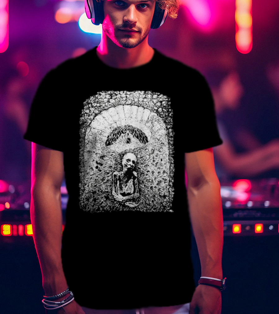 Mortiferum Cave Dweller Skeleton In Gothic Archway T-Shirt