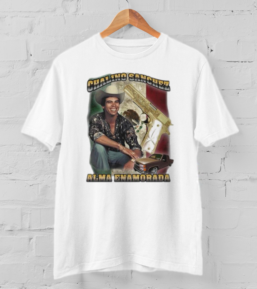 Chalino Sanchez Alma Enamorada Mexican Flag Gold Gun Pickup Truck T-Shirt