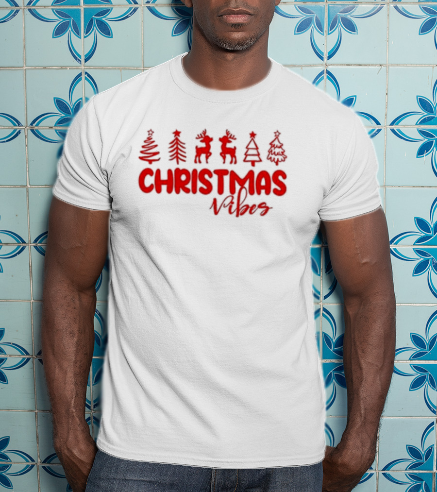 Christmas Vibes Festive Trees And Reindeer T-Shirt