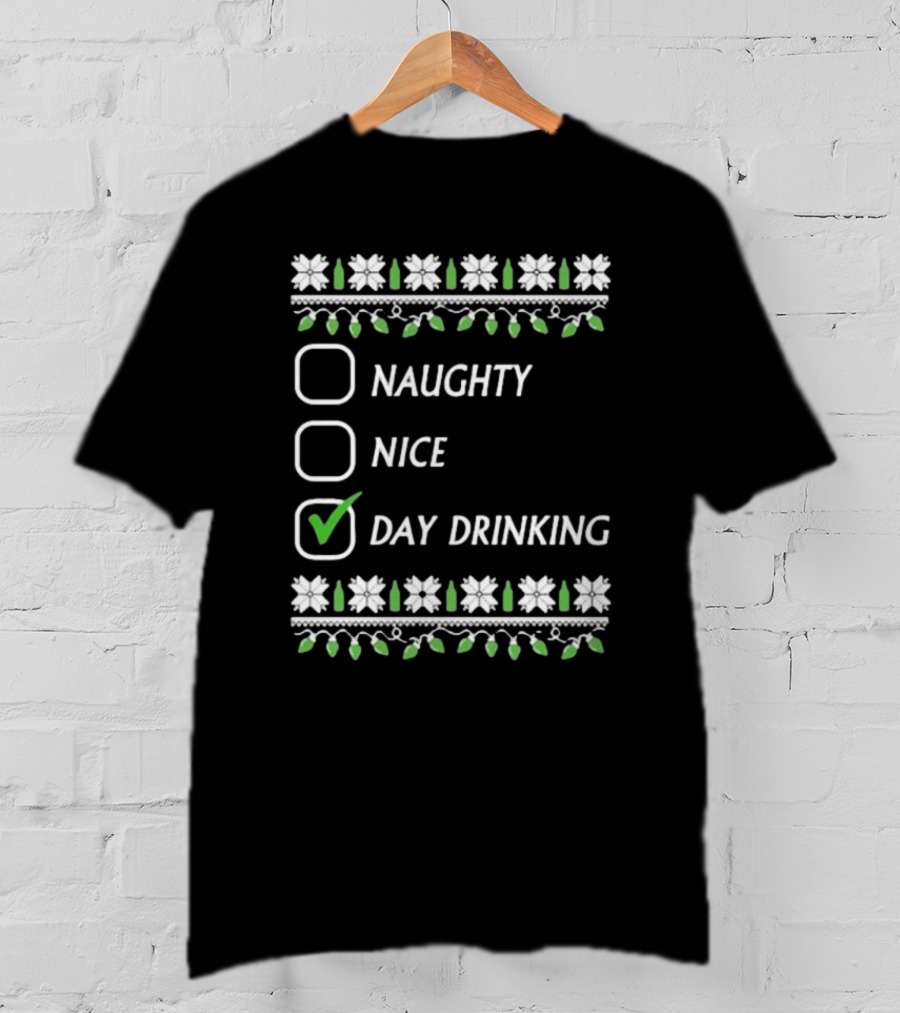 Naughty Nice Day Drinking Christmas Floral Checklist T-Shirt