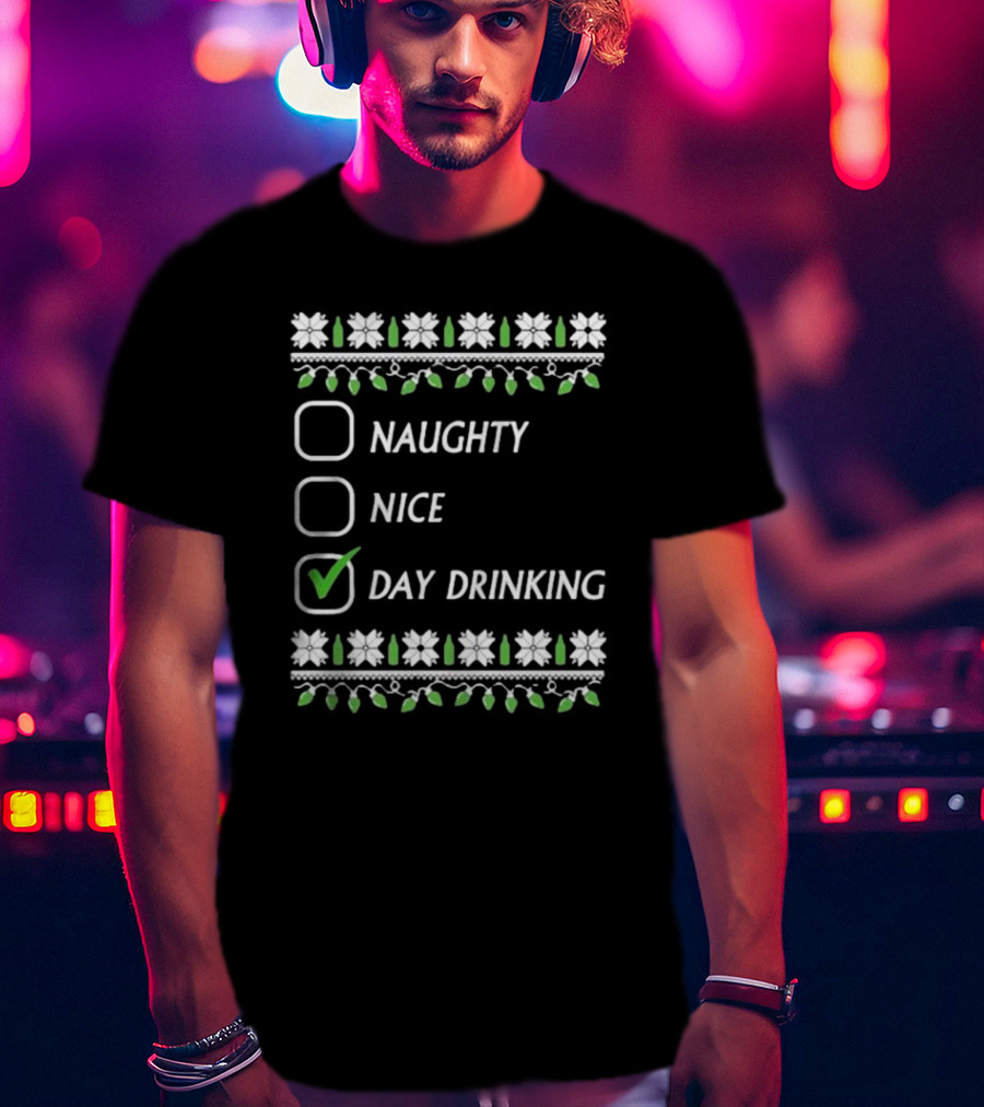 Naughty Nice Day Drinking Christmas Floral Checklist T-Shirt