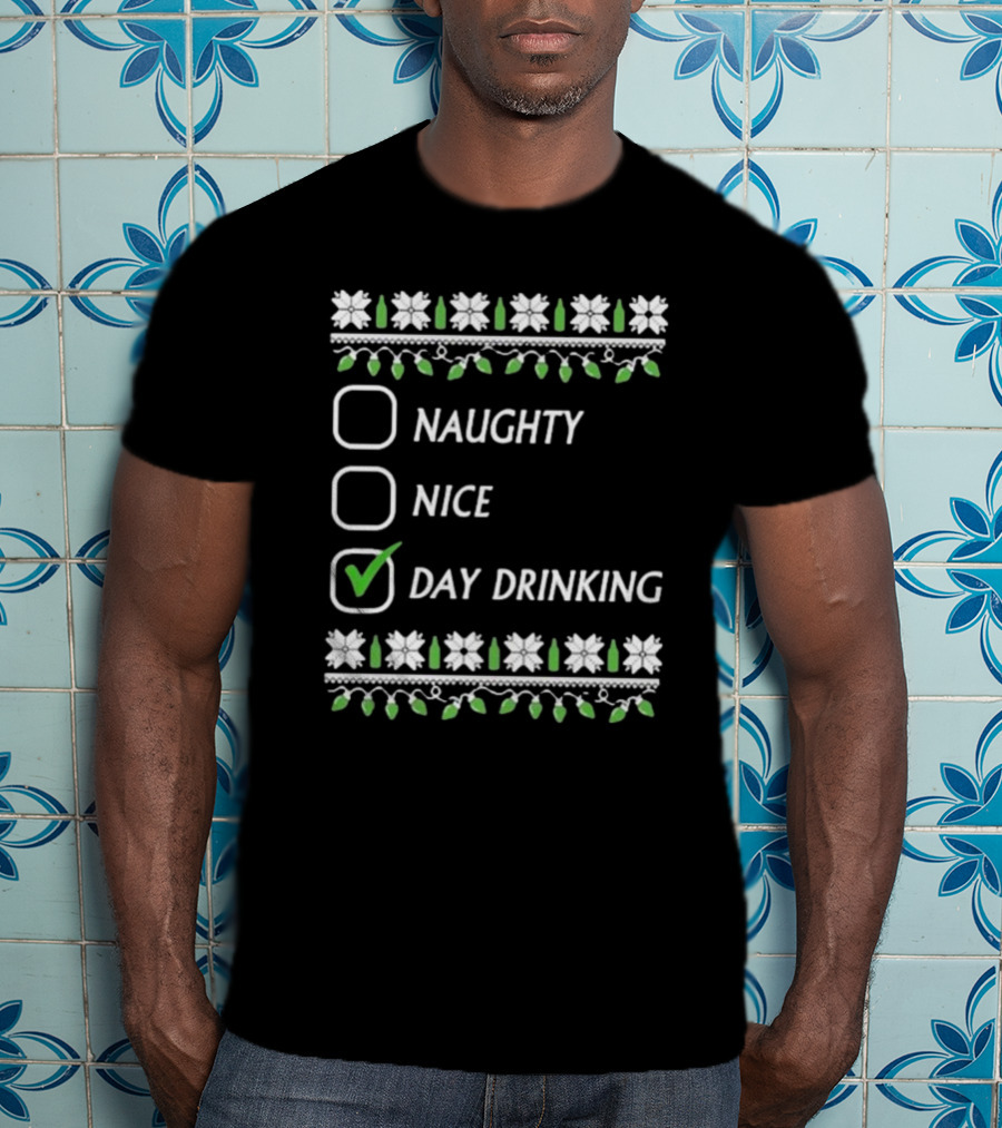 Naughty Nice Day Drinking Christmas Floral Checklist T-Shirt