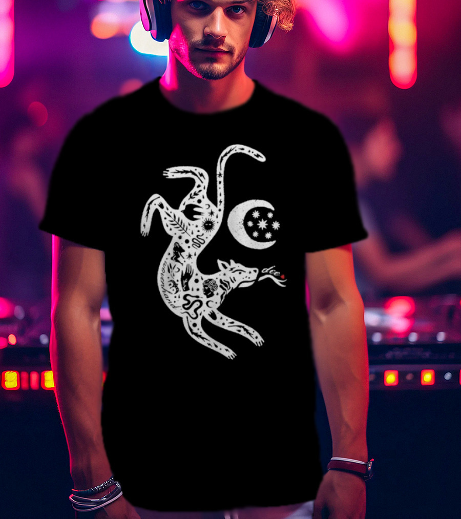 Wovenhand Alchemist Wolf With Stars And Crescent Moon T-Shirt