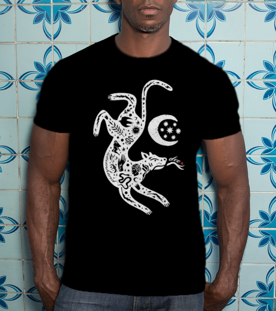 Wovenhand Alchemist Wolf With Stars And Crescent Moon T-Shirt
