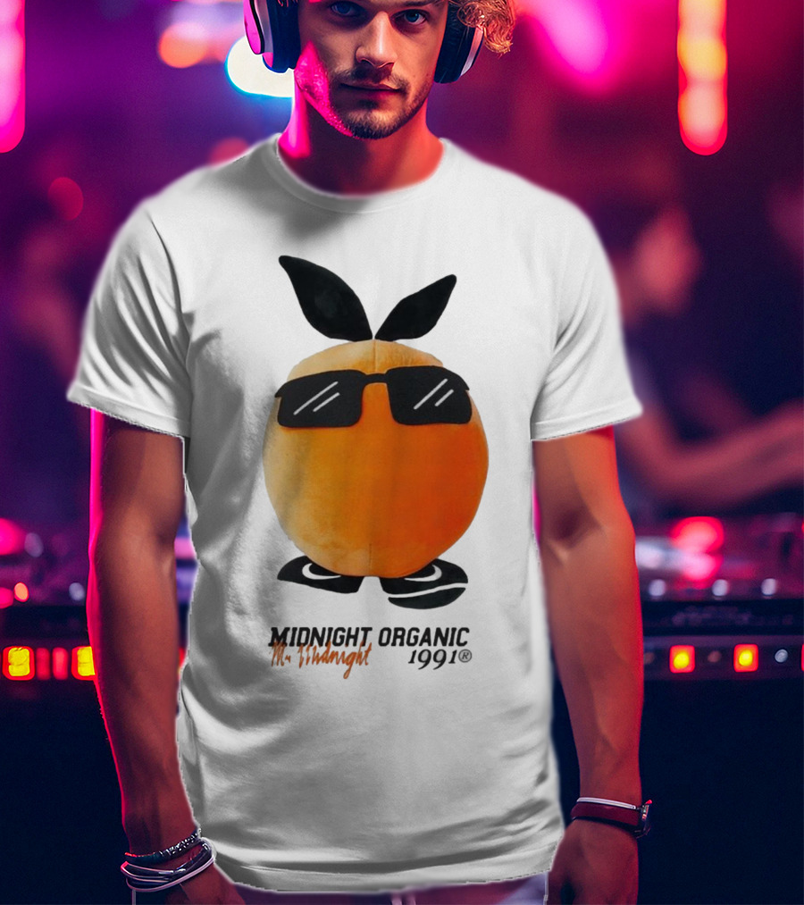 Midnight Organic Mr. Midnight 1991 Orange Character With Sunglasses T-Shirt