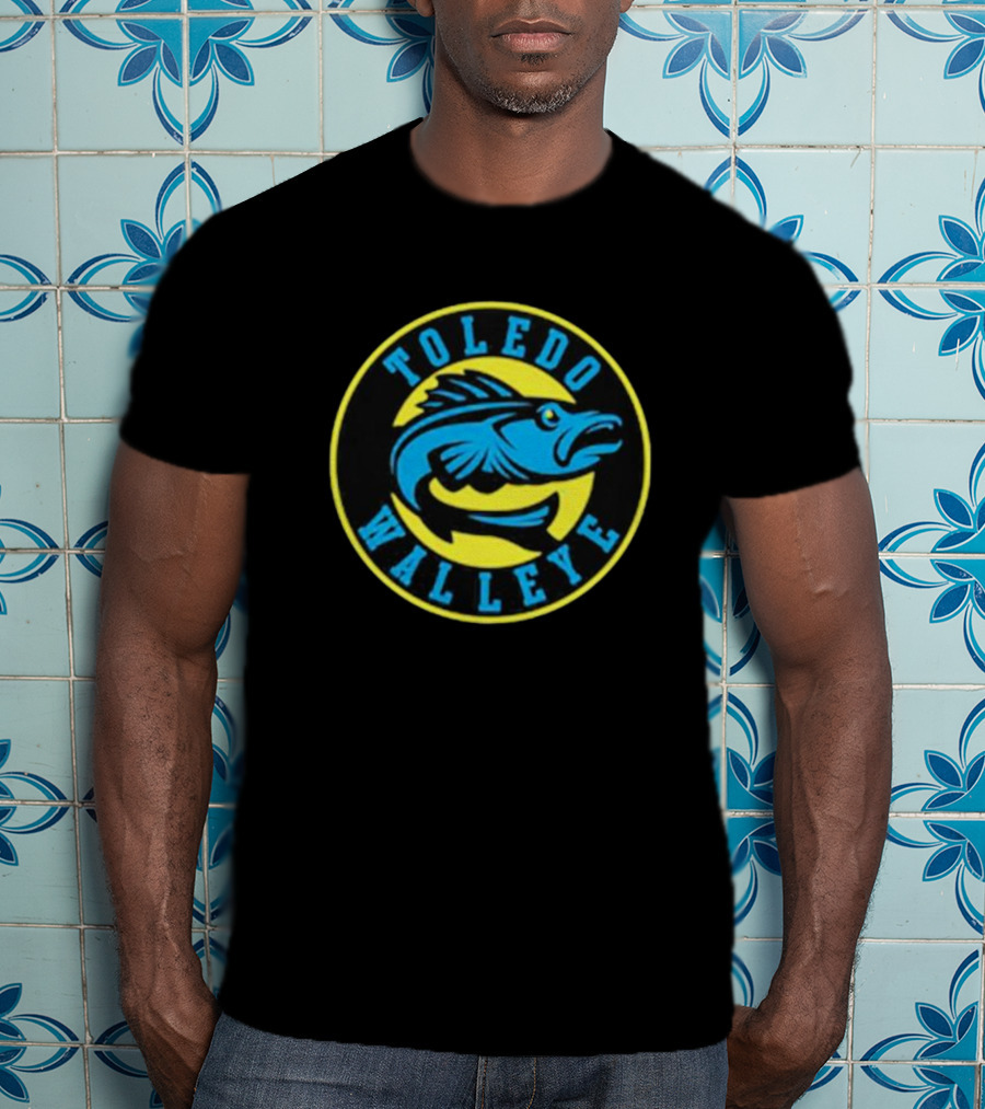 Toledo Walleye Logo Blue Fish Black Yellow Circular Badge T-Shirt