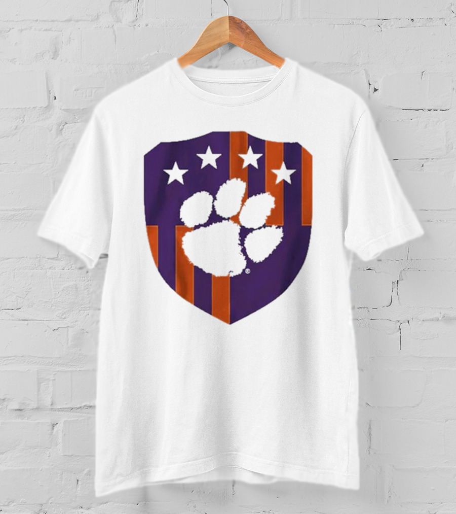 Clemson United Paw Print Shield With Four Stars Orange And Purple T-Shirt