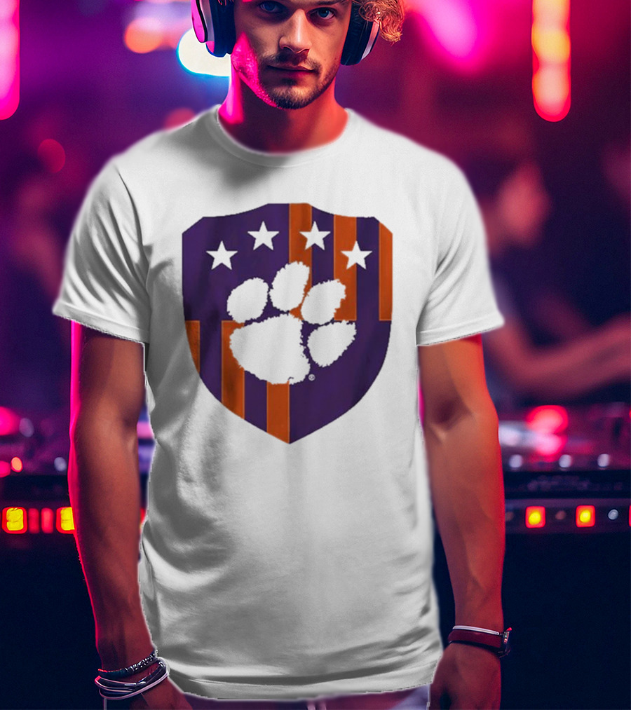 Clemson United Paw Print Shield With Four Stars Orange And Purple T-Shirt