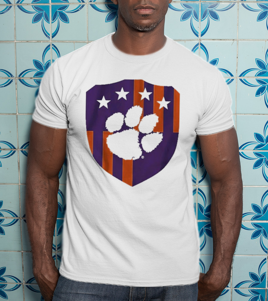 Clemson United Paw Print Shield With Four Stars Orange And Purple T-Shirt