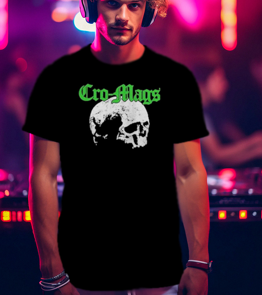 Cro Mags Green Text White Skull T-Shirt